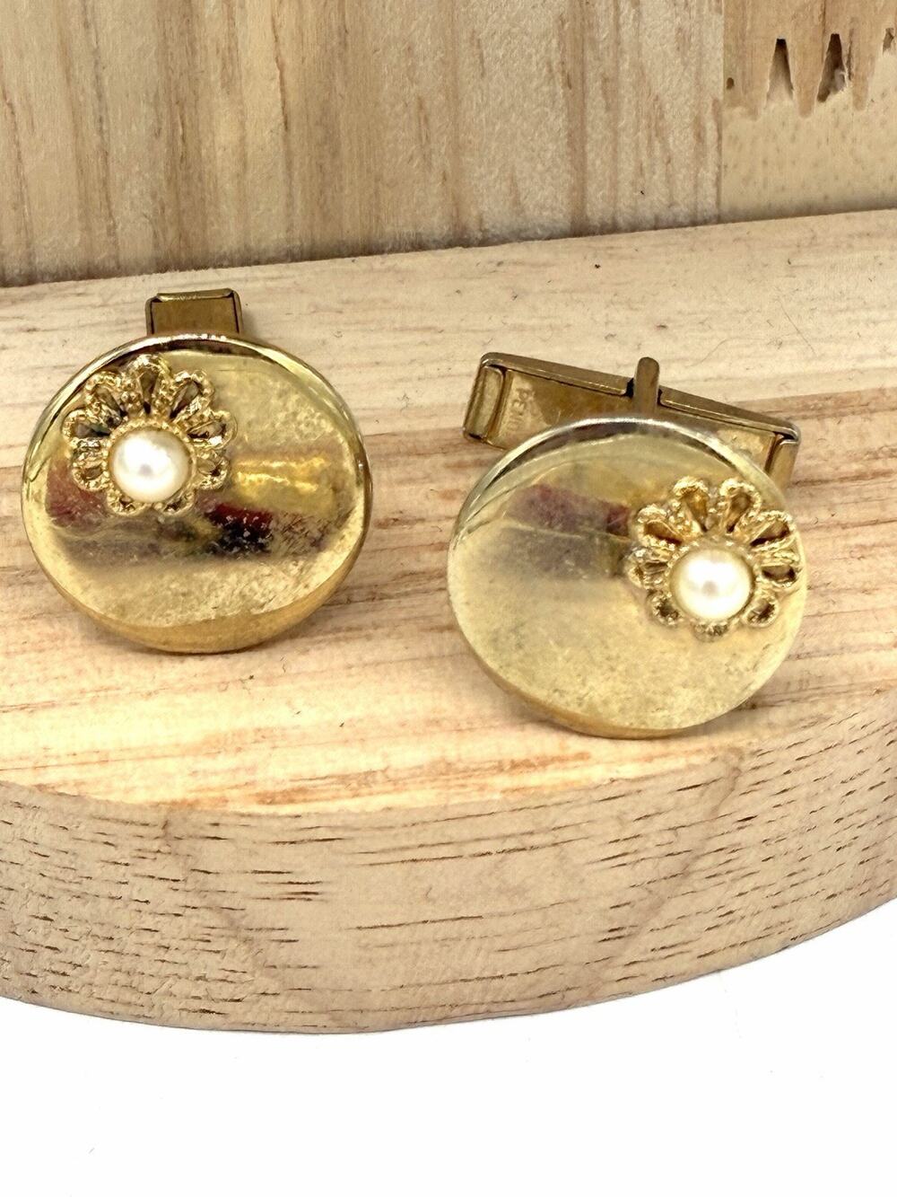 Vintage Pioneer Cufflinks Gold Oval Faux Pearl Filigree Flower Mid Century